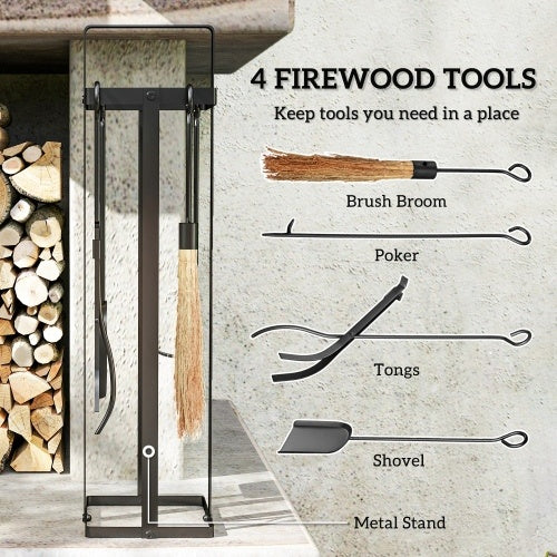 Outsunny Fireplace Tools Set Indoor Outdoor 5 Piece Heavy Duty Metal Fireplace Accessories Set With Brush Broom, Poker, Shovel, Tongs And Stand For Chimney, Black  On-Site