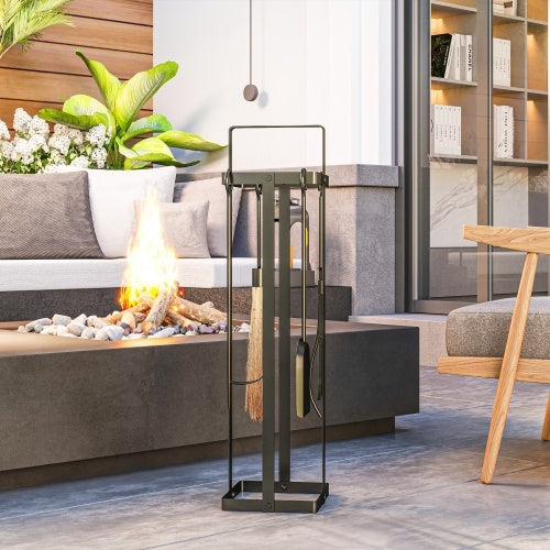 Outsunny Fireplace Tools Set Indoor Outdoor 5 Piece Heavy Duty Metal Fireplace Accessories Set With Brush Broom, Poker, Shovel, Tongs And Stand For Chimney, Black  On-Site